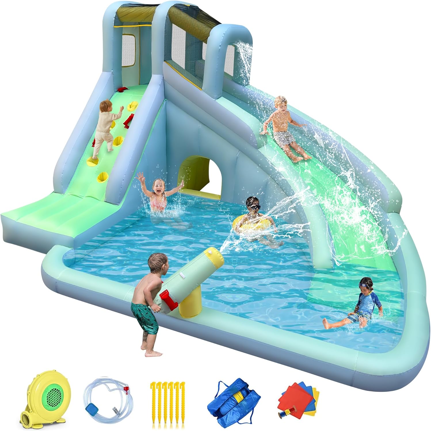 Kids Outdoor Inflatable Water Slide - 6in1 インフレータブルキッズバウンスハウス ウォーターパーク、550W送風機付き、大型スライド、クライミングウォール、スプラッシュプール、ウォーターガン付き、屋外サマーバックヤードパーティーで楽しめる