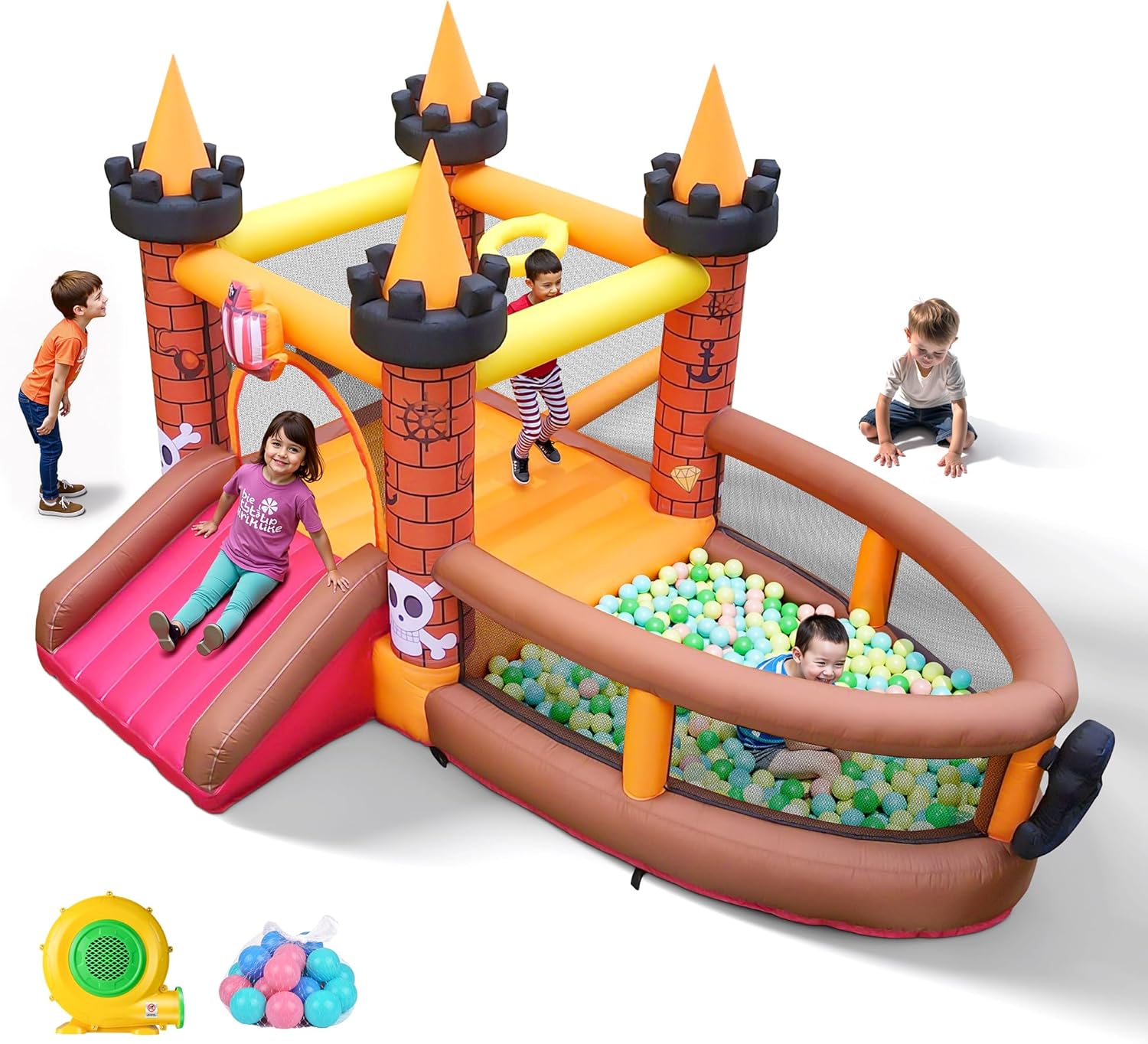 Kids Outdoor Jumping - 子供用インフレータブルバウンスハウス（3～8歳向け）：滑り台付きジャンプバウンシーキャッスル - 480W送風機付き幼児用屋外用ブロワー付きインフレータブルバウンサー