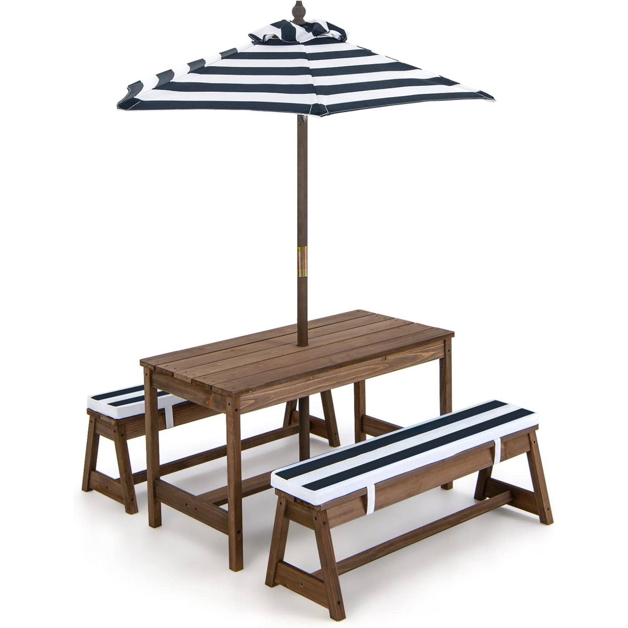 Kids Outdoor Activity Table - 子供用ピクニックテーブル（傘付き、折りたたみ式）、裏庭用木製テーブル＆ベンチセット（取り外し可能なクッション付き）、アクティビティ・アート・プレイテーブル、屋内外兼用幼児用ピクニックテーブル（パティオ、芝生、庭用）（ブルー）
