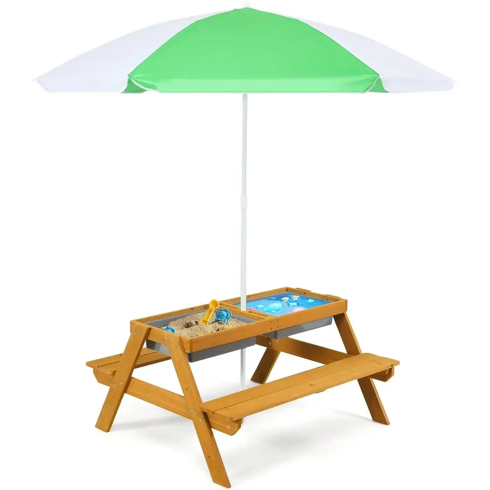 Kids Outdoor Activity Table - 3in1高さ調節可能傘付きキッズピクニックテーブル、水遊び＆砂遊び、幼児用屋外木製セット、庭、ヤード用