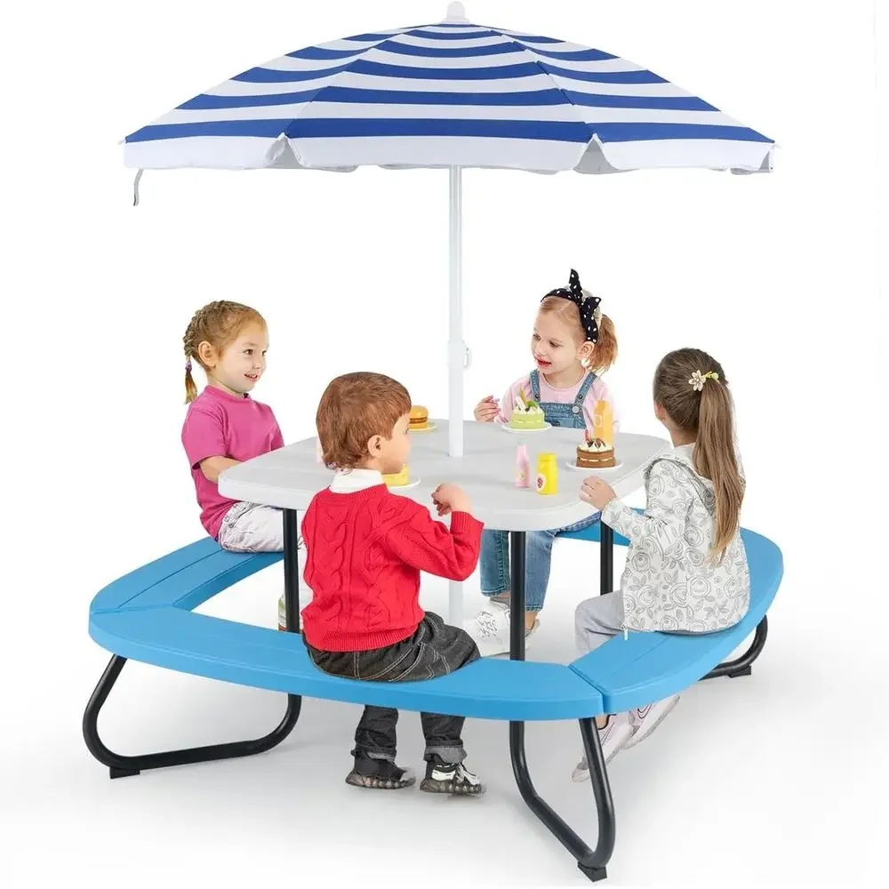 Kids Outdoor Activity Table - 8人用子供用ピクニックテーブル、傘付き、幼児用アクティビティテーブル、ベンチ4脚、HDPE天板＆金属フレーム、屋外パティオガーデンバックヤード用