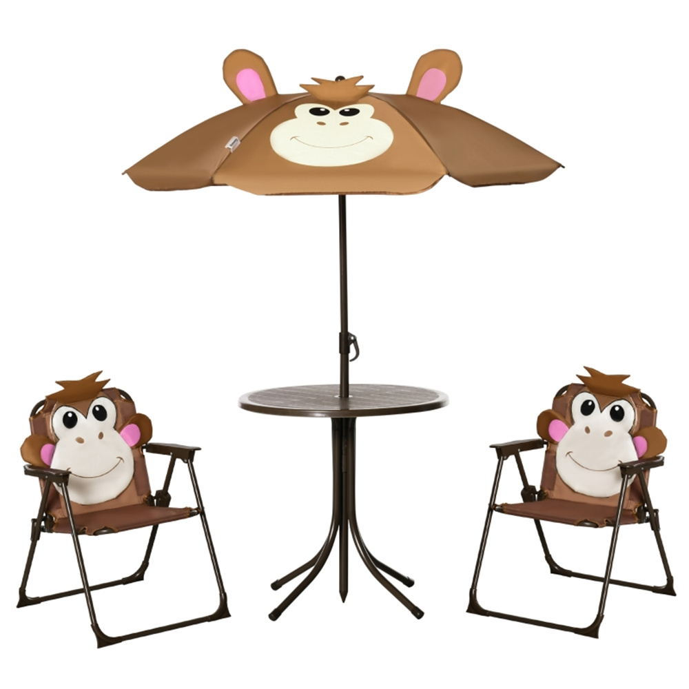 Kids Outdoor Dining Set - かわいい猿の子供用パティオテーブルチェアセット、取り外し可能な漫画柄の日傘付き、折りたたみ式ポータブル屋外幼児用家具、2つの折りたたみ椅子と丸型金属製テーブル、省スペース子供用遊び場ダイニングセット、裏庭、庭、芝生、ピクニック、ビーチに最適