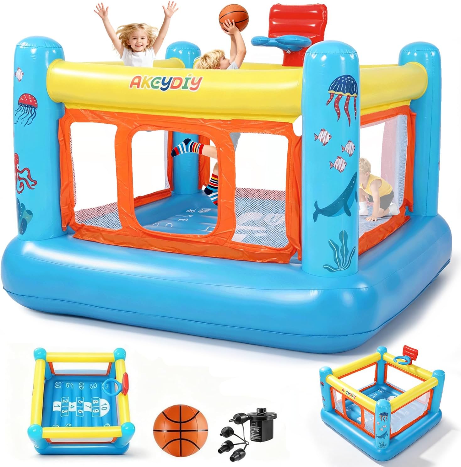 Kids Outdoor Jumping - バウンスハウス、子供用PVC製インフレータブルバウンスハウス（3～6歳向け） | 屋内外兼用幼児用バウンスハウス、バスケットボールフープ付きジャンプキャッスル