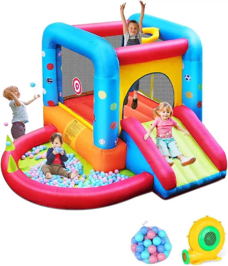 Kids Outdoor Jumping - Step4Fun インフレータブルバウンスハウス、子供用キャッスルスライドバウンサー、屋外および屋内パーティー用、ベビー向け裏庭ウォータージャンプ