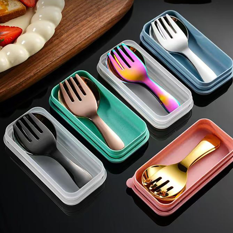 Kids Outdoor Dining Set - ステンレス製ポータブル食器セット ショートハンドルスプーンとフォーク 子供用ピクニック アウトドアダイニング ミニ食器