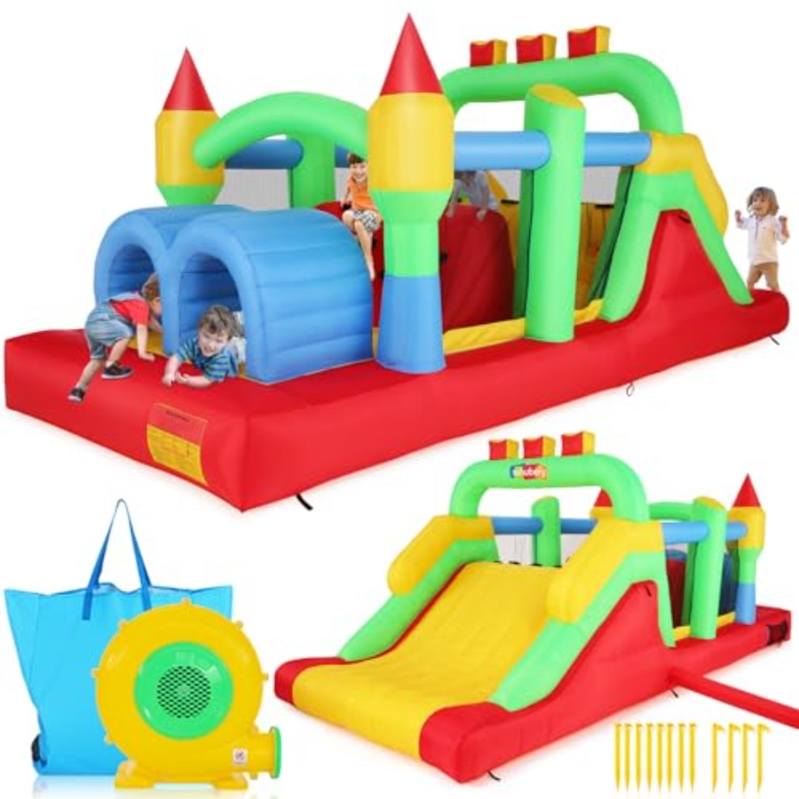 Kids Outdoor Obstacle Course - 裏庭用屋外インフレータブルバウンスハウス障害物コース、3～6歳と8～12歳のお子様向け、PVC素材、青と赤の色、特大サイズ