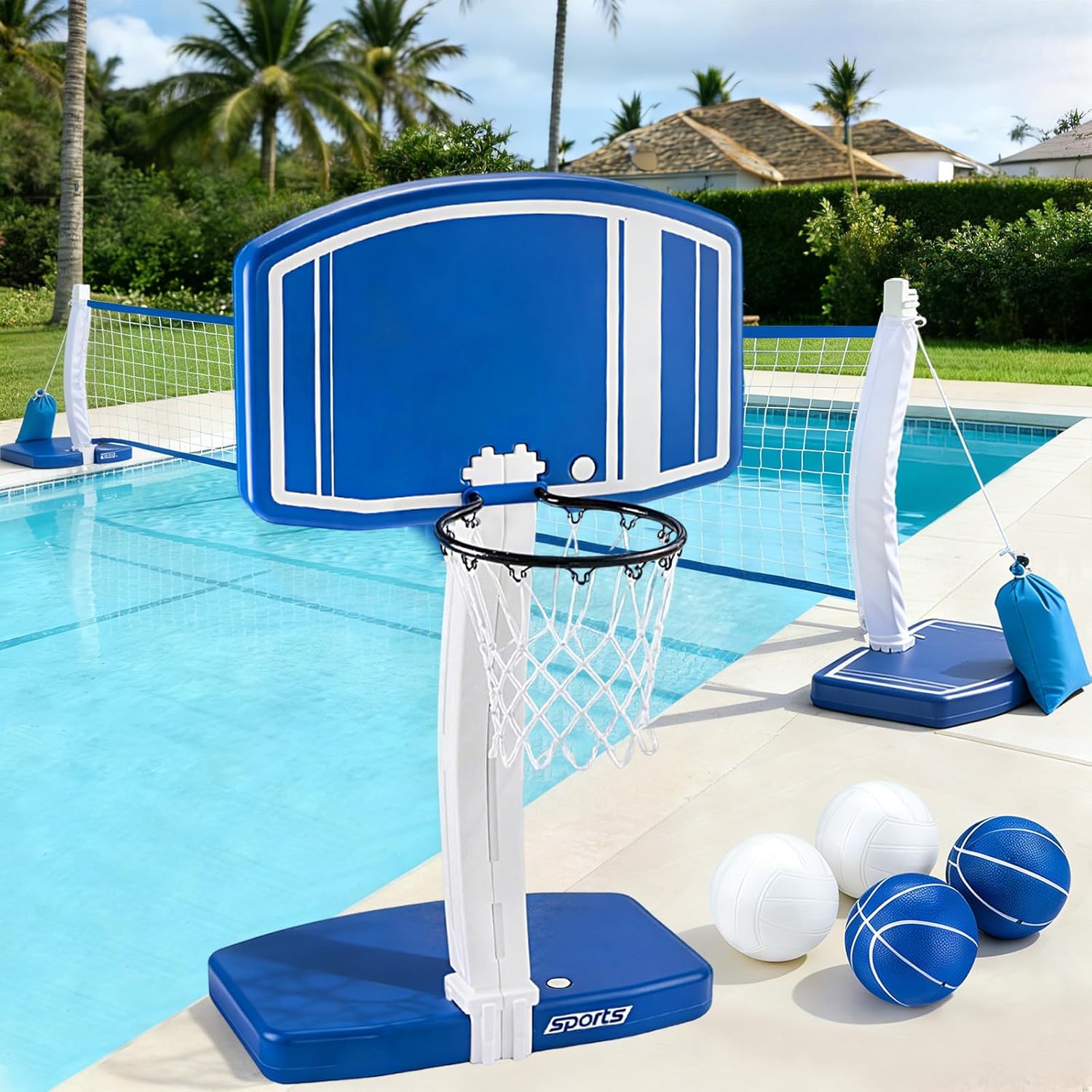 Kids Outdoor Games - 地上プール用バスケットボールフープとバレーボールネット2-in-1、3歳から12歳の子供、ティーン、大人向けの屋外ウォーターゲーム玩具、家族でプールサイドで夏の楽しみを