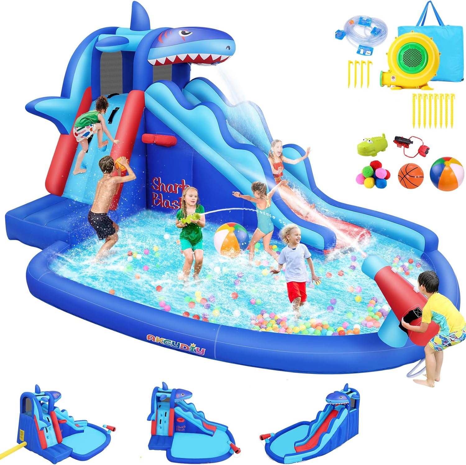 Kids Outdoor Inflatable Water Slide - 子供向けサメ型インフレータブルウォーターパーク：屋外用ブロウアップウォータースライド、クライミングウォール、バスケットボールリング、スプラッシュプール、ウォーターキャノン付きで裏庭で遊べる