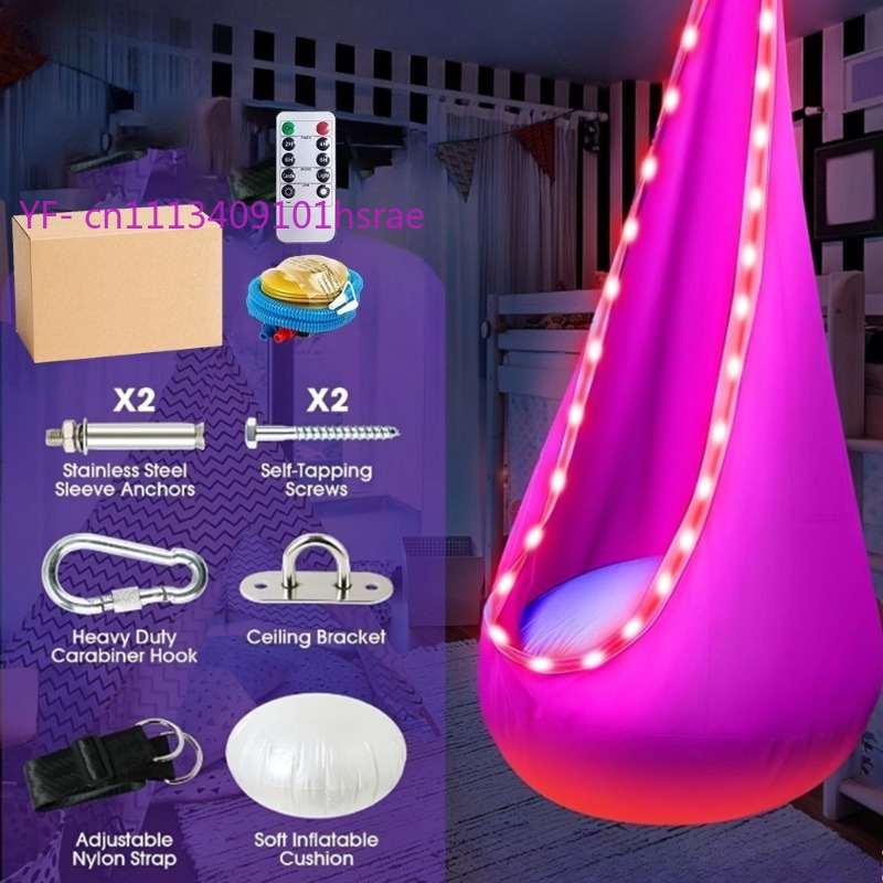 Kids Outdoor Hanging Chair - 光るLEDインフレータブルハンモック ポータブルプラッシュハンギングスイングチェア 室内屋外兼用 シングルサスペンデッドハンモック ライト付き 子供用
