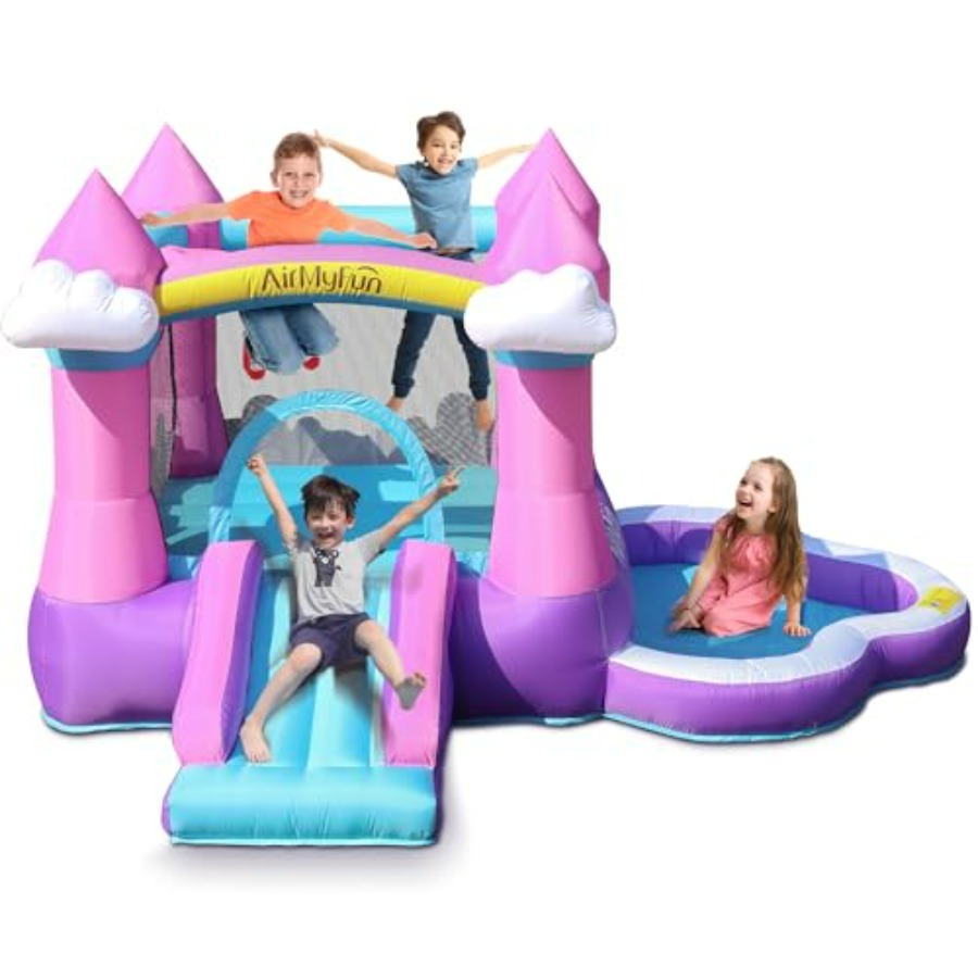 Kids Outdoor Inflatable Water Slide - ピンク色の子供用インフレータブルバウンスハウス（3～8歳向け）、屋内外兼用、PVC素材、スライド、送風機、水遊びボールプール付き
