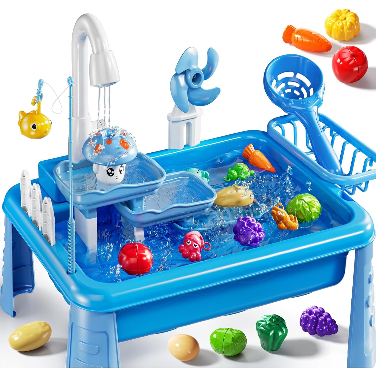 Kids Outdoor Activity Table - 子供用ウォーターテーブル遊び場シンクおもちゃ、流水付き屋外キッチン、釣りゲーム、幼児用水遊びテーブル、ビーチ屋外おもちゃ