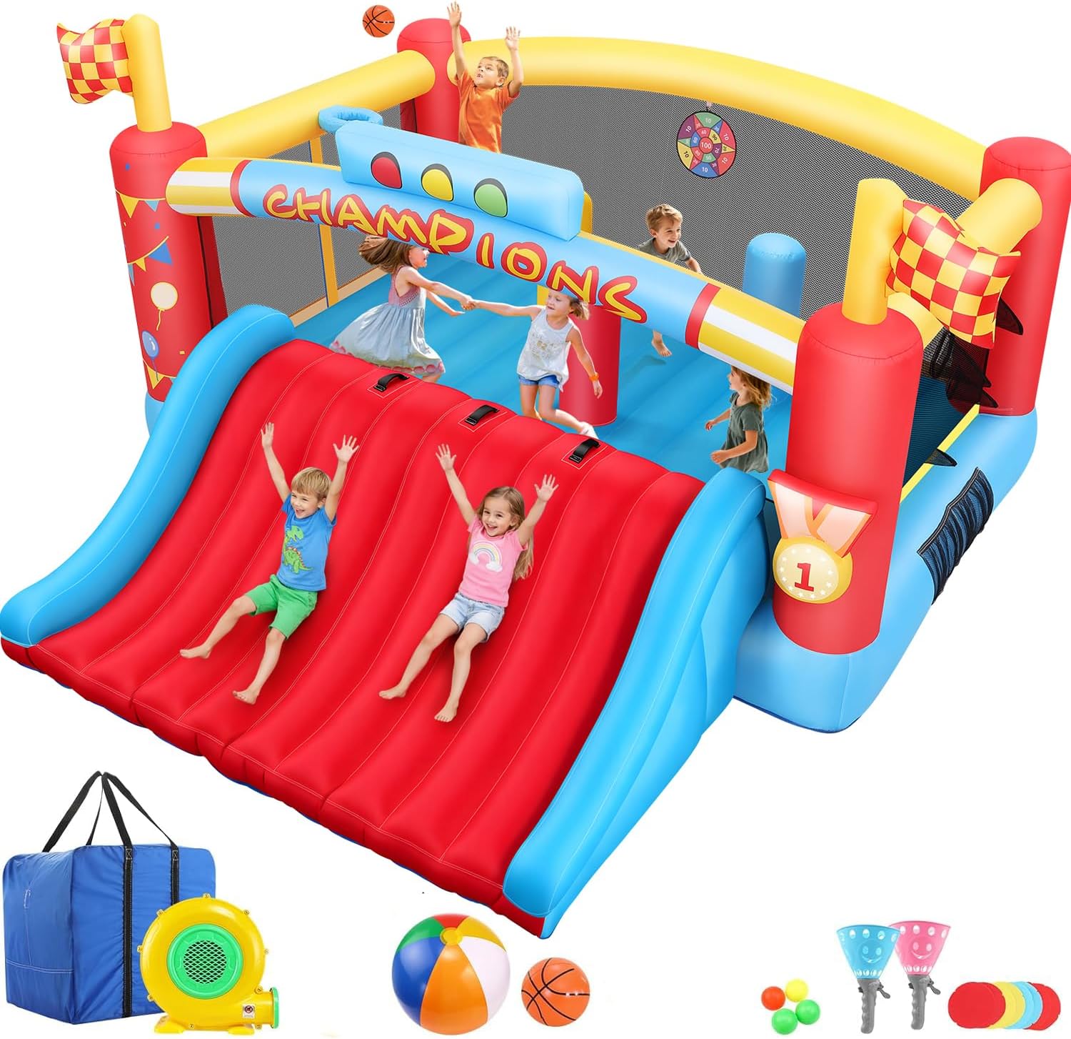 Kids Outdoor Games - 大きな子供向けインフレータブルバウンスハウス、13フィート屋外用インフレータブルバウンサー（送風機付き）、ダブルバスケットボールフープ、投球ゲーム