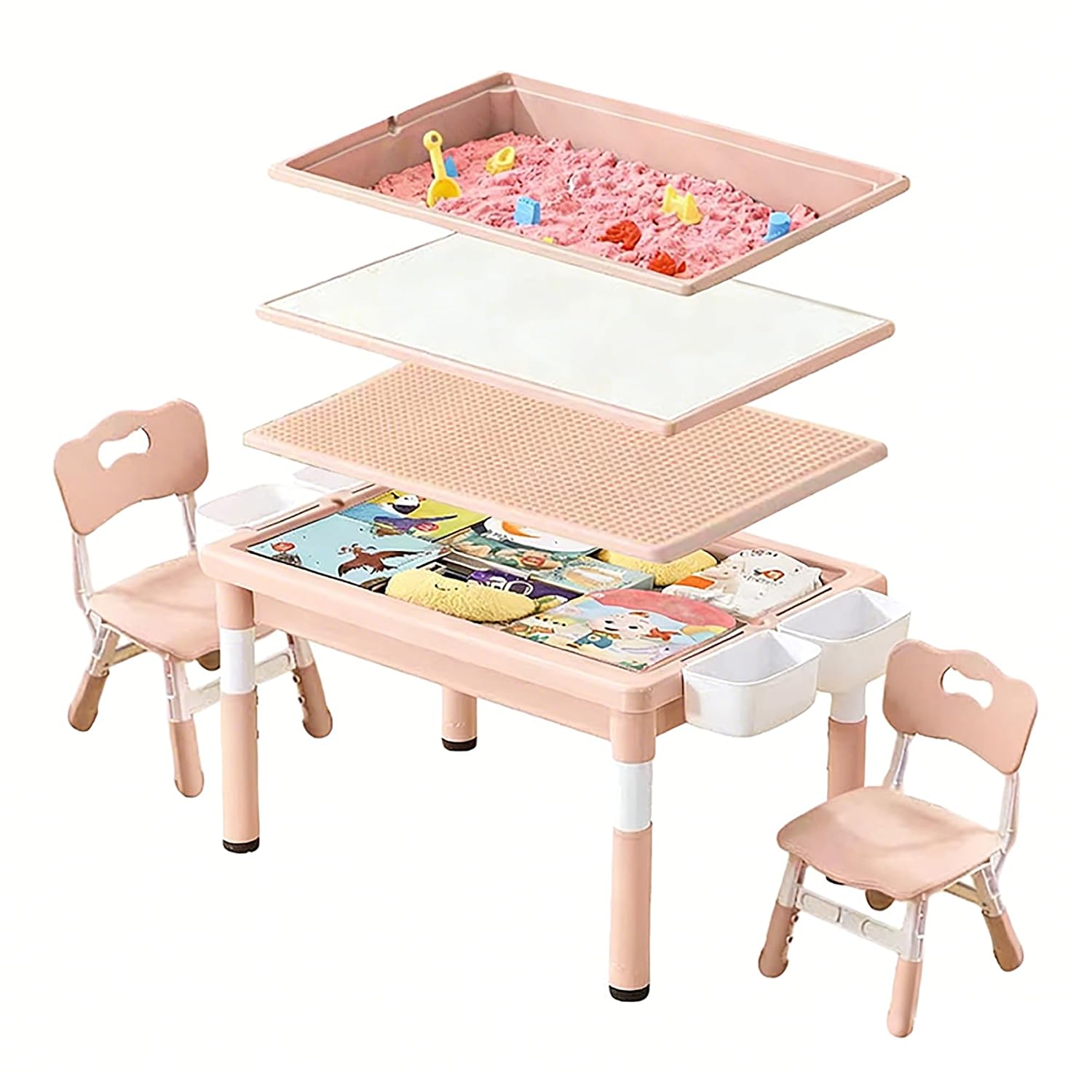 Kids Outdoor Activity Table - 子供用アクティビティテーブル（収納付き）、屋内外用砂水感覚プレイテーブル、お絵かきブロックおもちゃ、白とピンク、カスタマイズ可能