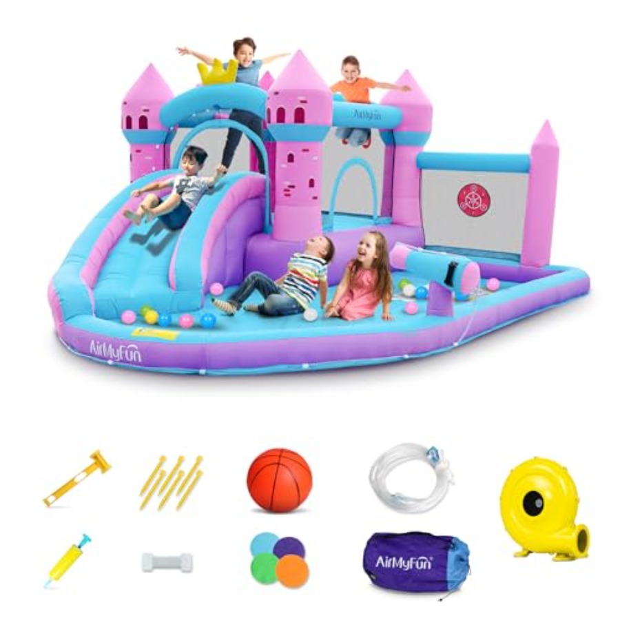Kids Outdoor Inflatable Water Slide - 裏庭用インフレータブルウォータースライド付きバウンスハウス（3歳～12歳向け、ピンク、PVC素材、水遊び/乾遊び両用、スプラッシュプール付き、頑丈な屋外遊具）