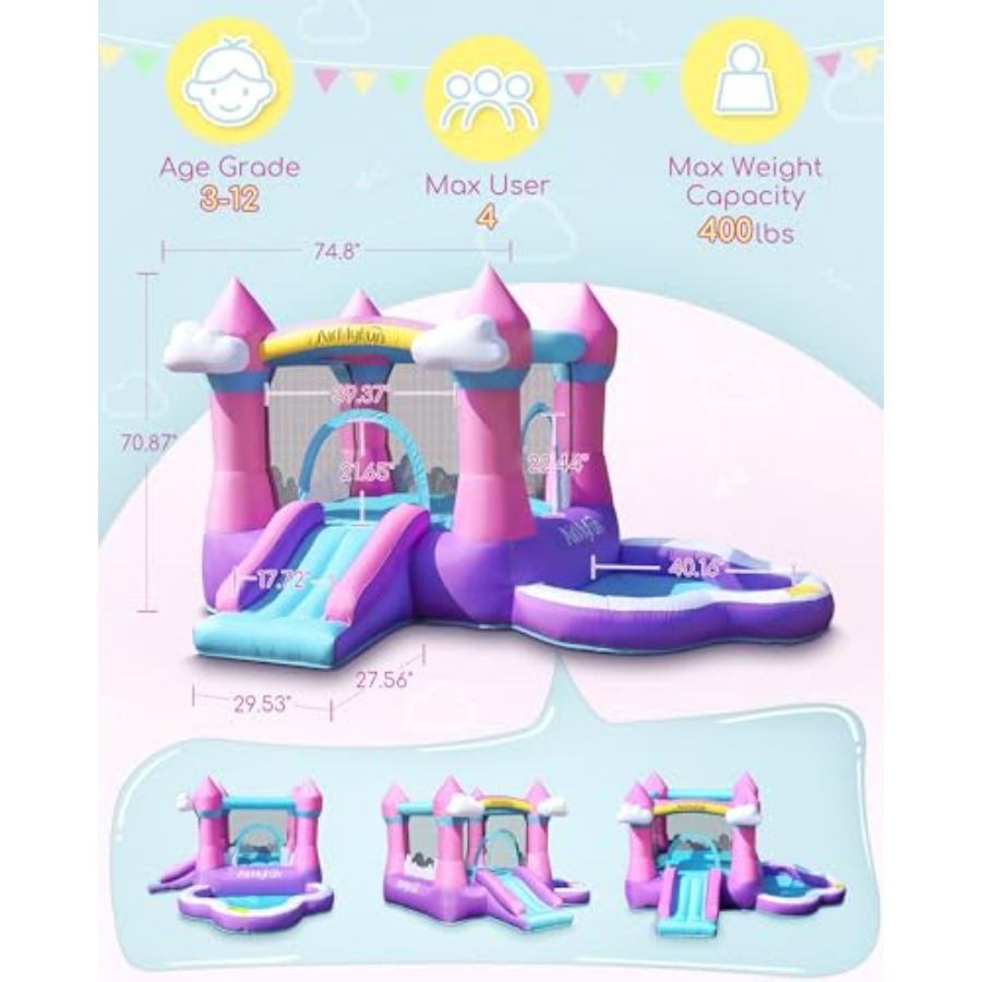 ピンク色の子供用インフレータブルバウンスハウス（3～8歳向け - Kids Outdoor Inflatable Water Slide のレビューと価格