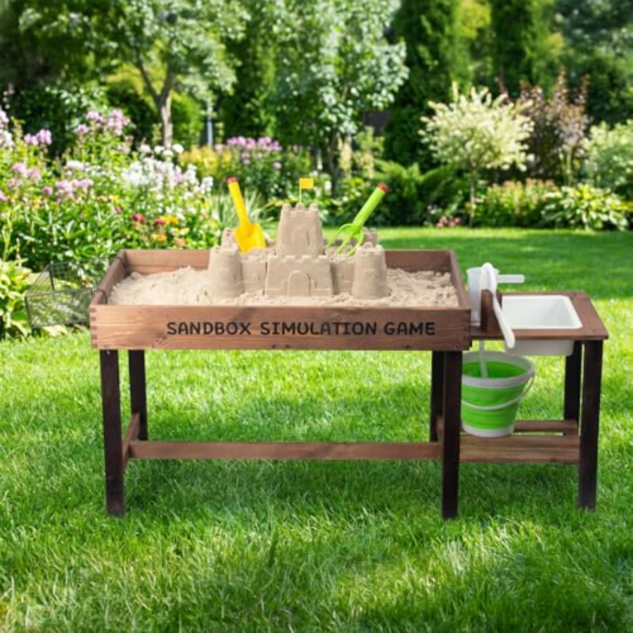 3歳から8歳向けの屋外木製砂場テーブル、天然木仕上げ、ベージ - Kids Outdoor Activity Table のレビューと価格