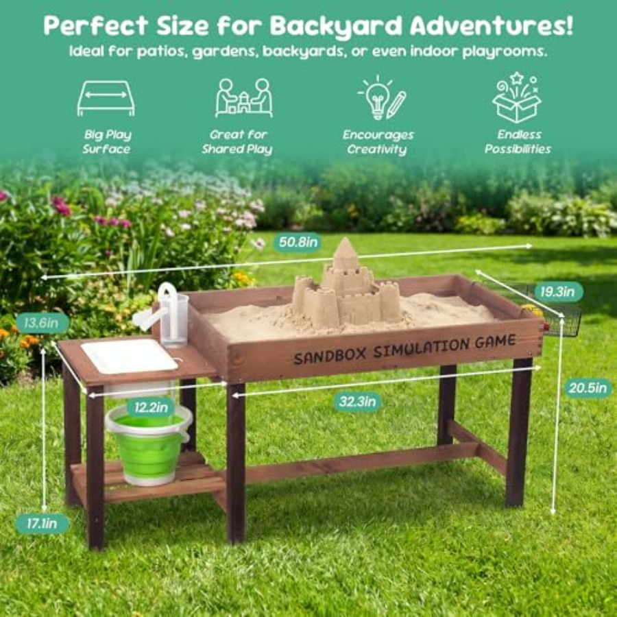 3歳から8歳向けの屋外木製砂場テーブル、天然木仕上げ、ベージ - Kids Outdoor Activity Table のレビューと価格