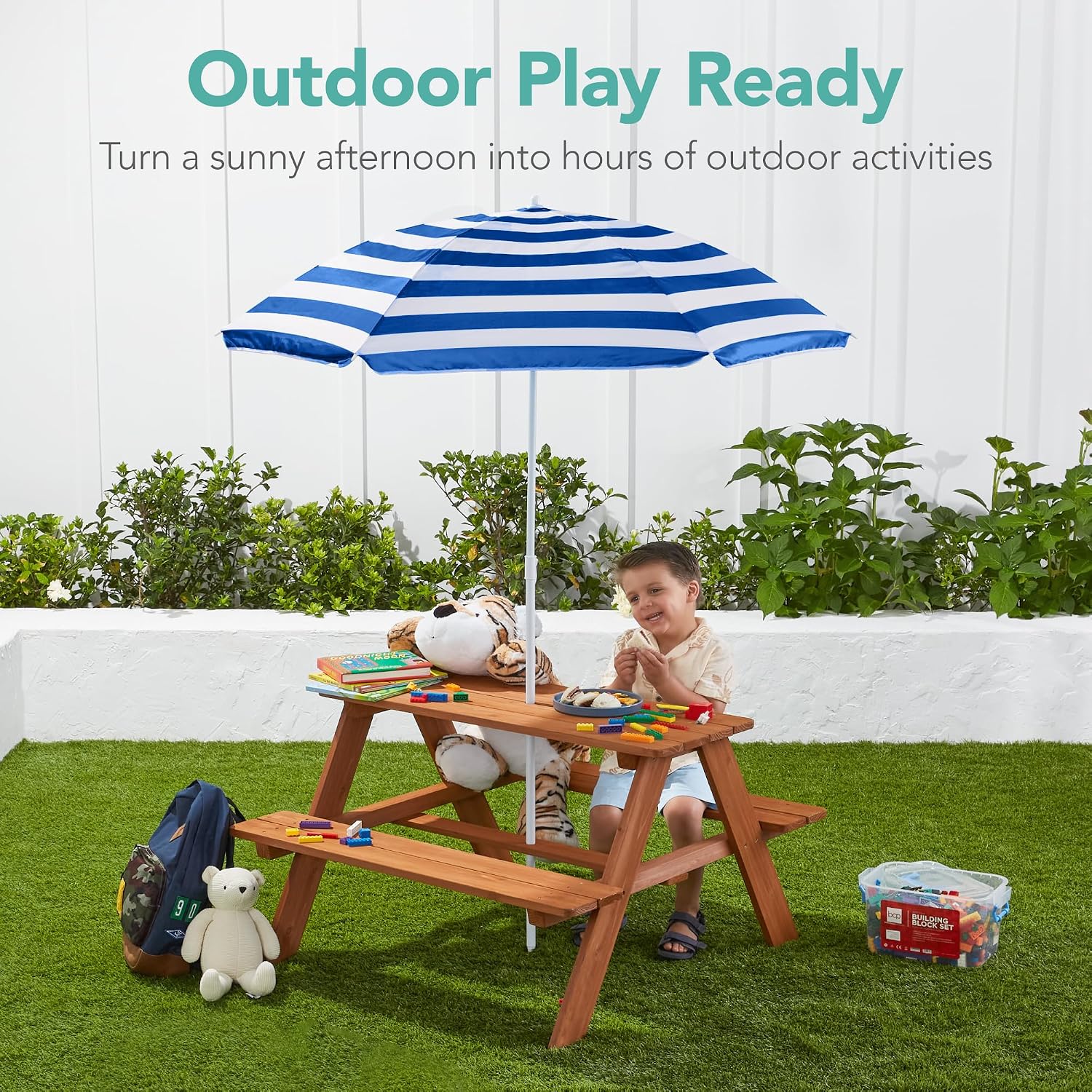 木製キッズピクニックテーブル（傘付き）、屋外アクティビティテ - Kids Outdoor Activity Table のレビューと価格